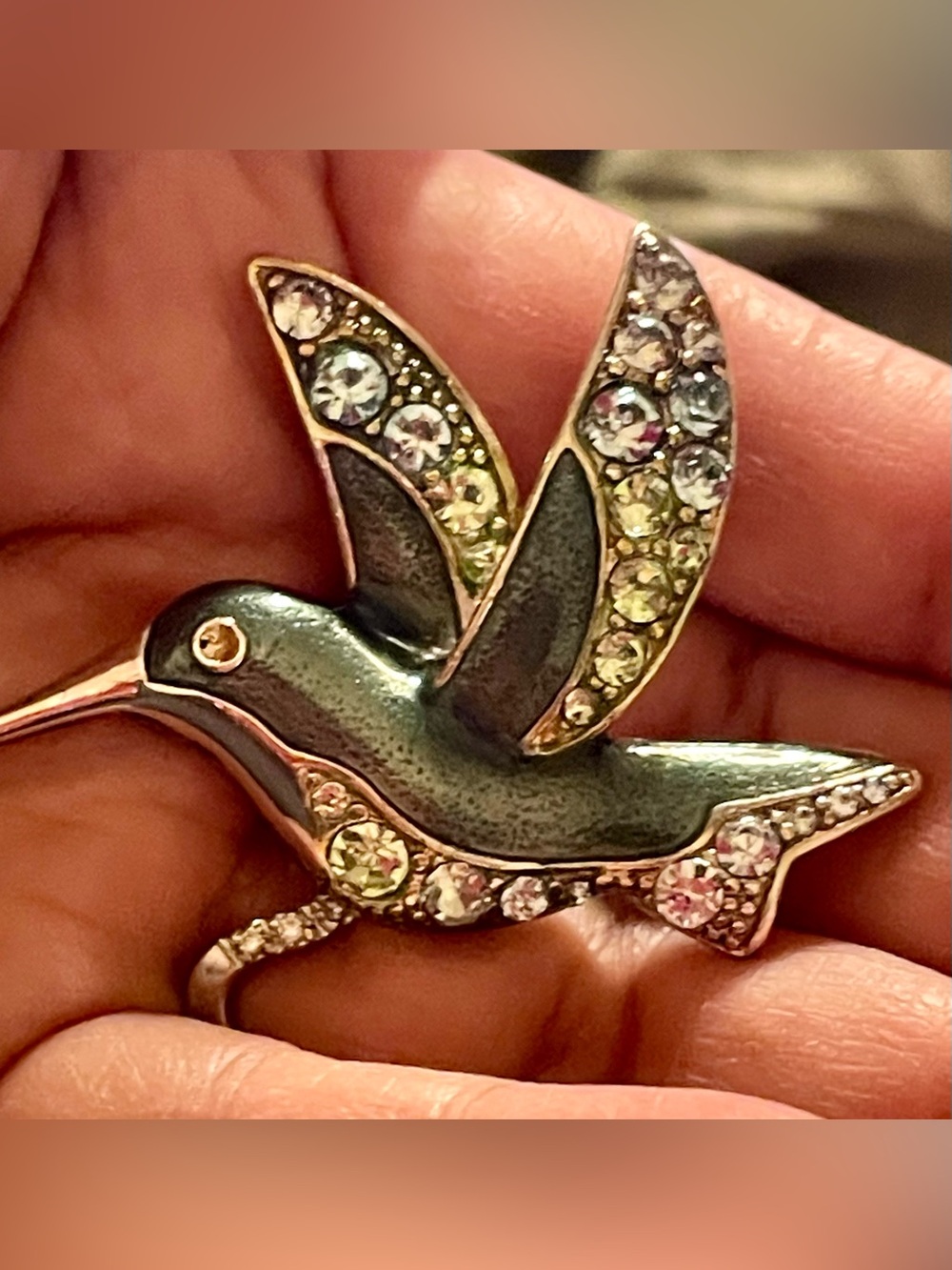 Liz Claiborne Green and Clear Crystal Hummingbird Brooch